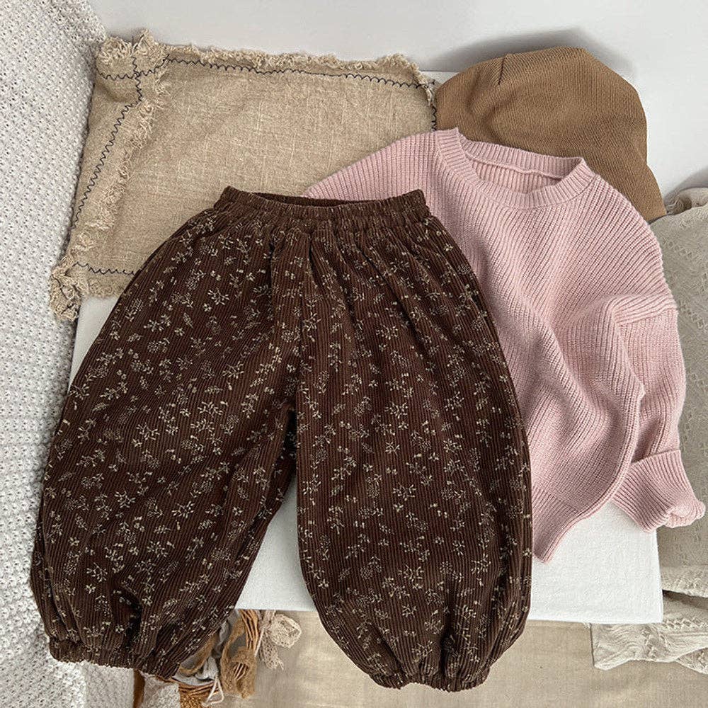 MyKids-USA® Baby Girl Ditsy Flower Pattern Corduroy Fabric Loose Thickened Pants In Winter