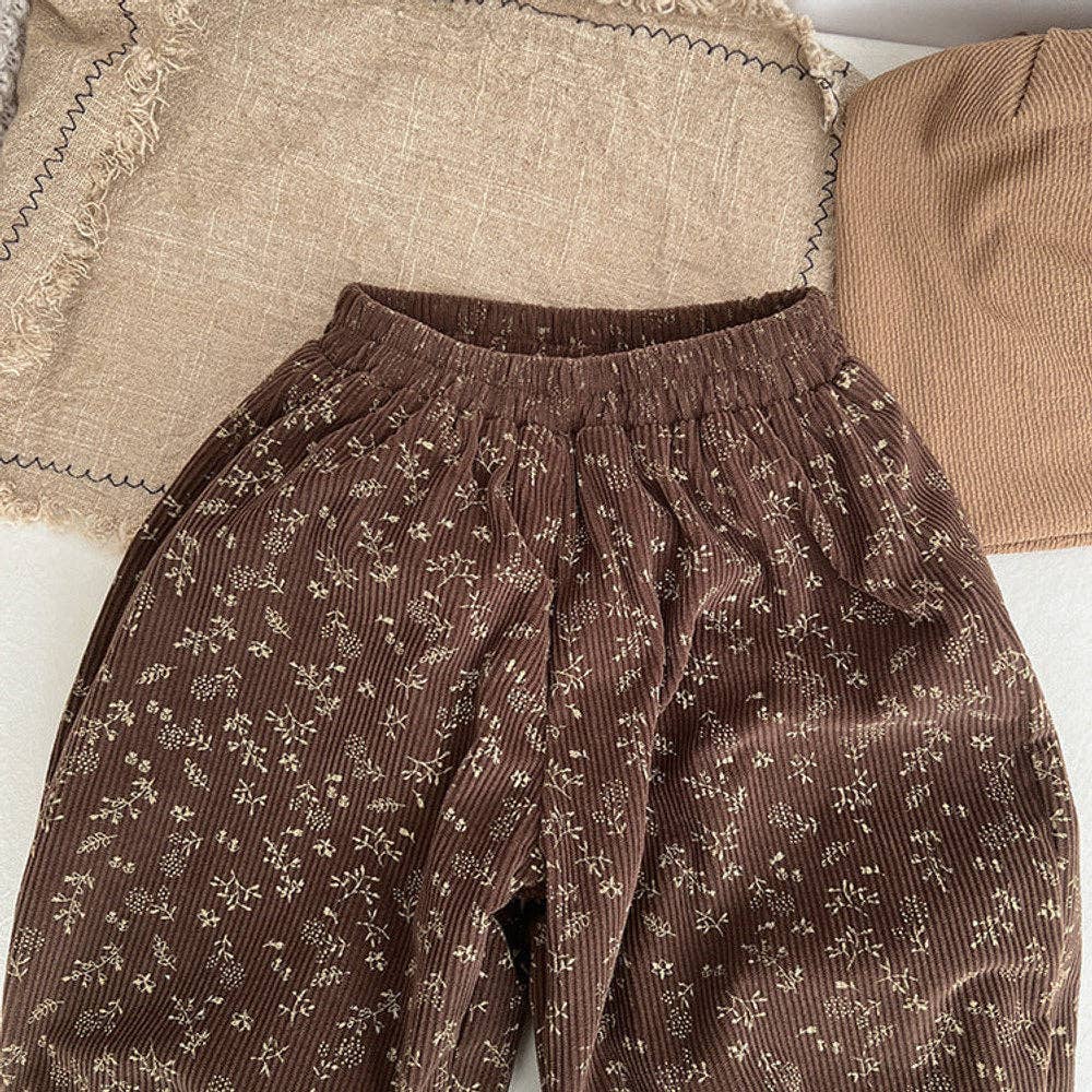 MyKids-USA® Baby Girl Ditsy Flower Pattern Corduroy Fabric Loose Thickened Pants In Winter