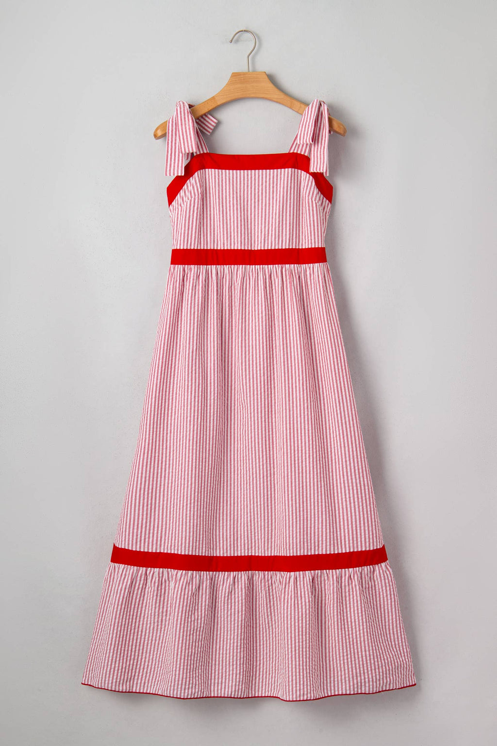 LAS Stripe Bow Knot Straps Ruffle Hem Maxi Dress (S-XL)
