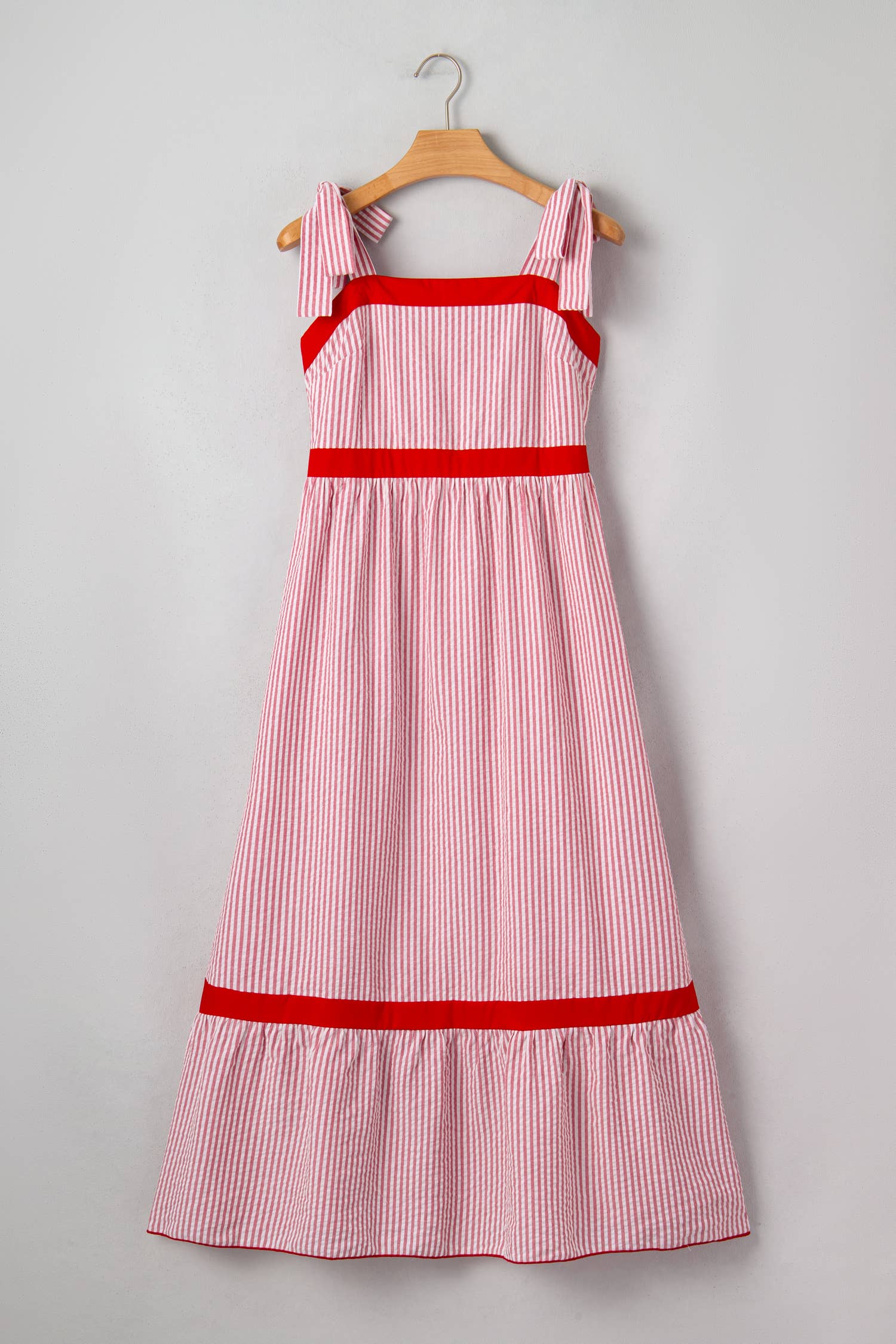 LAS Stripe Bow Knot Straps Ruffle Hem Maxi Dress (S-XL)