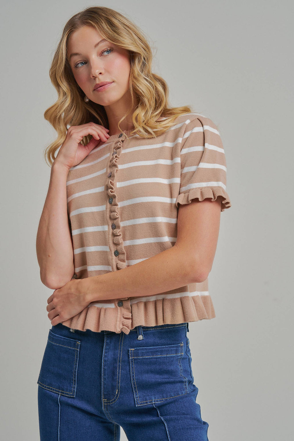 STRIPE KNITTED SWEATER BUTTON DOWN CARDIGAN TOP_JLT00204-01