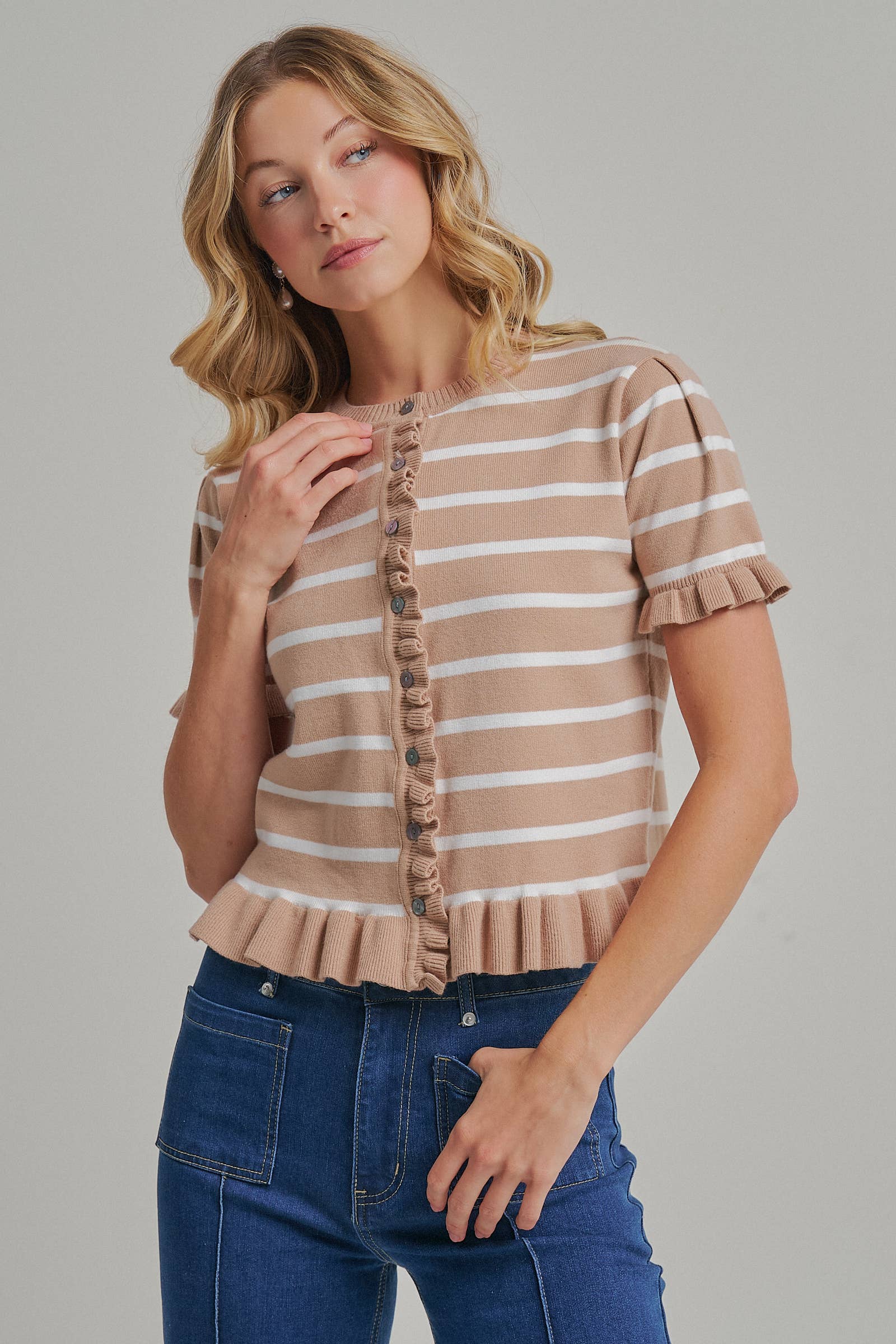 STRIPE KNITTED SWEATER BUTTON DOWN CARDIGAN TOP_JLT00204-01