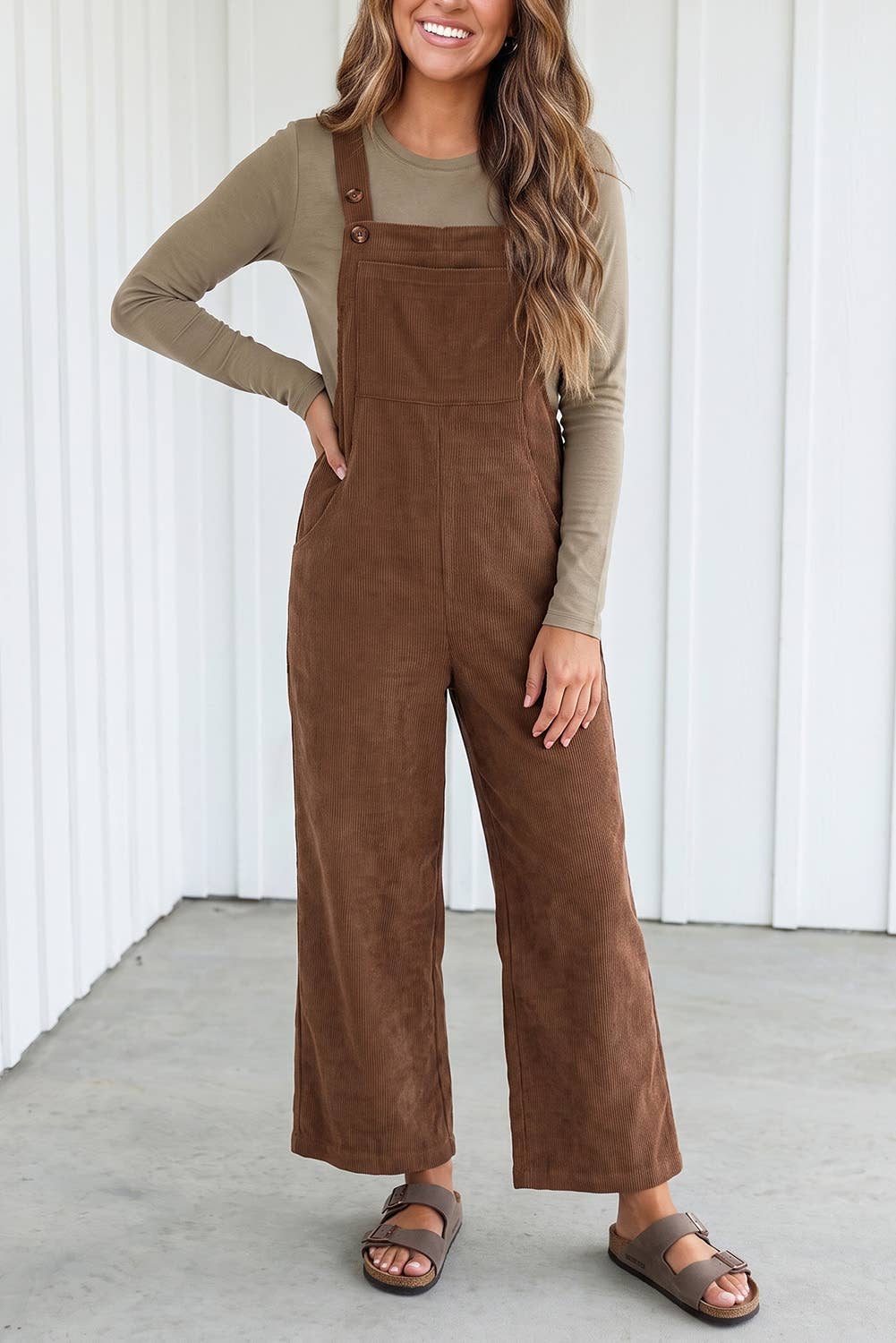 LAS Solid Corduroy Wide Leg Ribbed Pocket Overalls (S-XL)