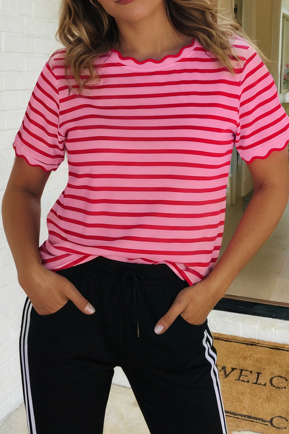 LAS Stripe Scalloped Trim Round Neck T Shirt (S-4X)