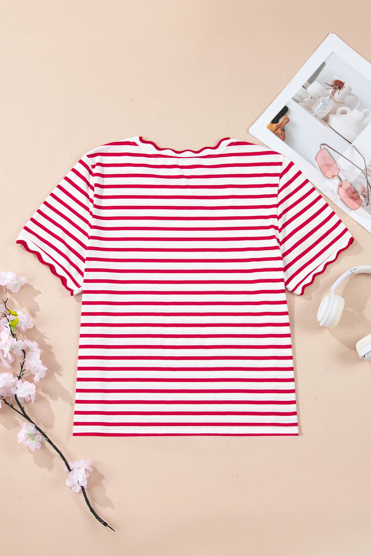 LAS Stripe Scalloped Trim Round Neck T Shirt (S-4X)