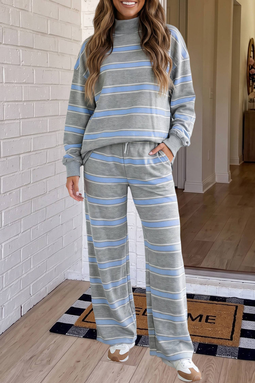 LAS Striped Mock Neck Casual Pants Set (S-XL)