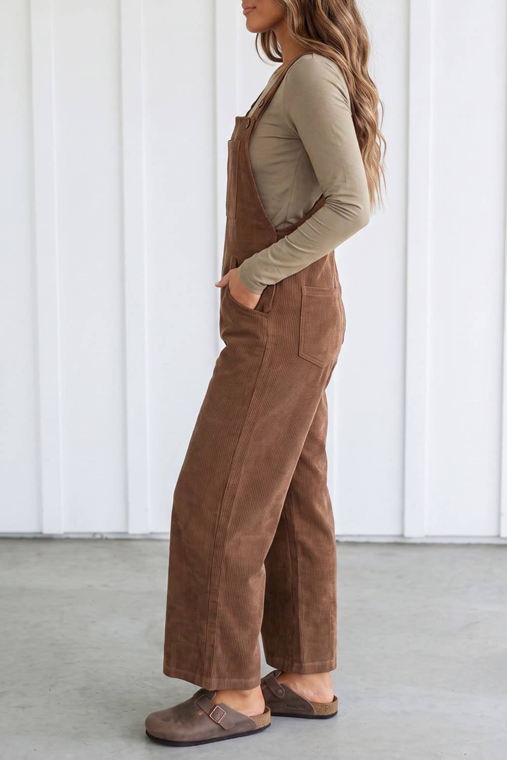 LAS Solid Corduroy Wide Leg Ribbed Pocket Overalls (S-XL)