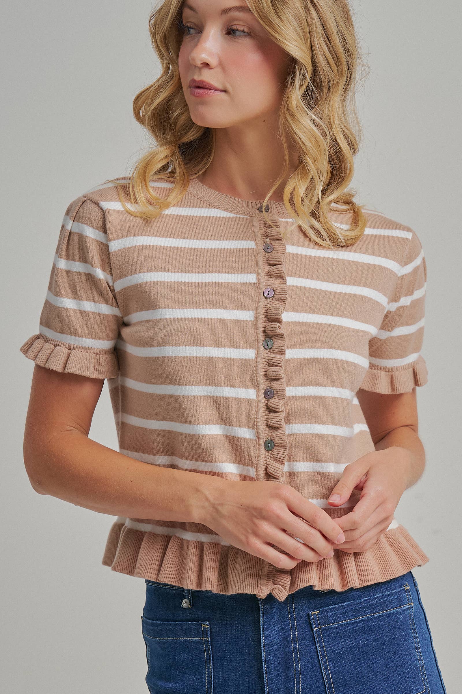 STRIPE KNITTED SWEATER BUTTON DOWN CARDIGAN TOP_JLT00204-01