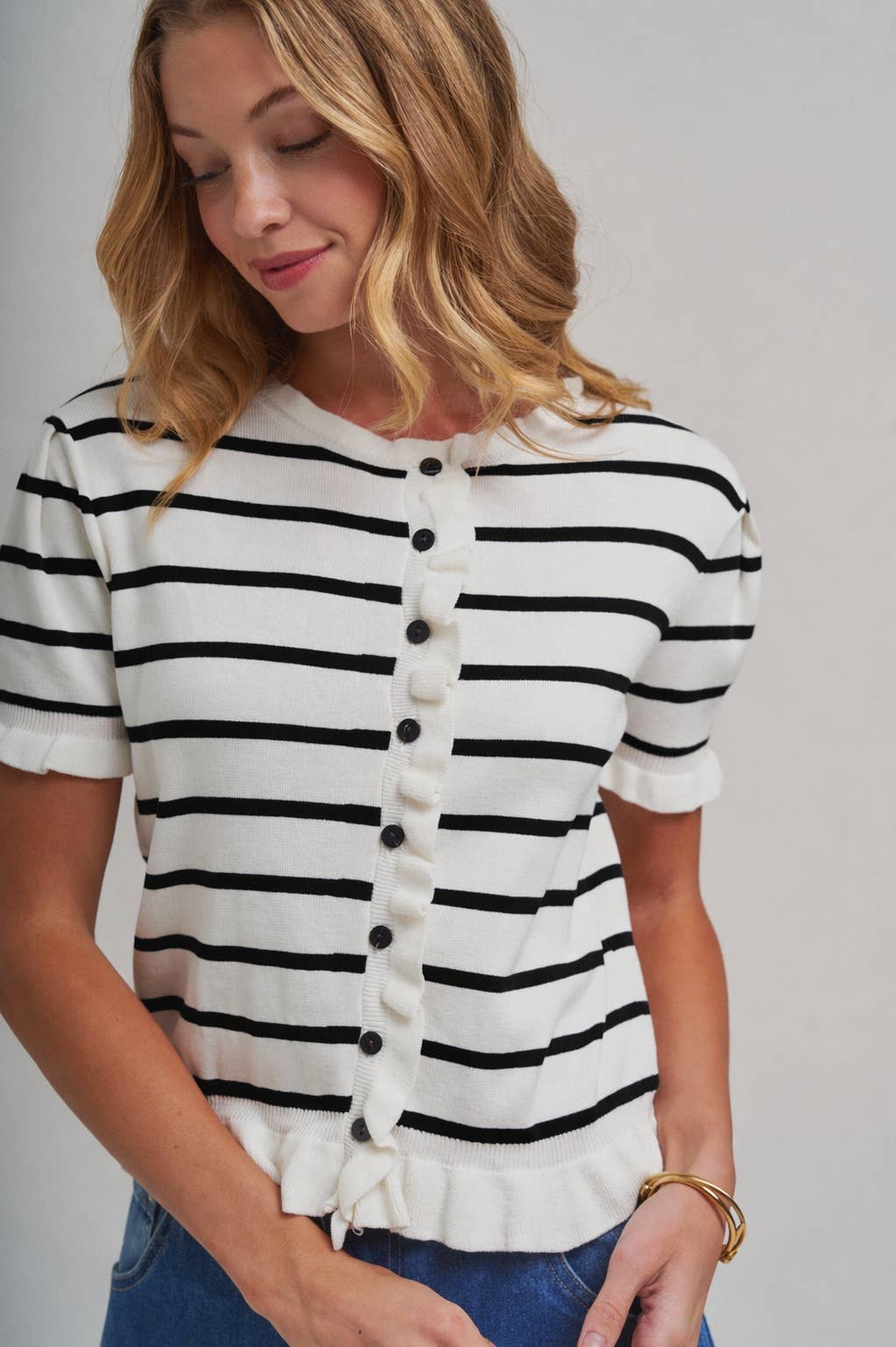 STRIPE KNITTED SWEATER BUTTON DOWN CARDIGAN TOP_JLT00204-01