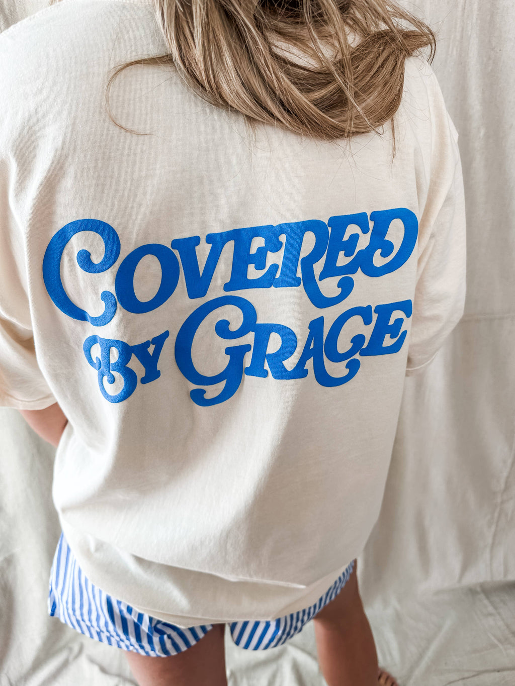 Covered By Grace blue puff- Ivory Tee: 2XL