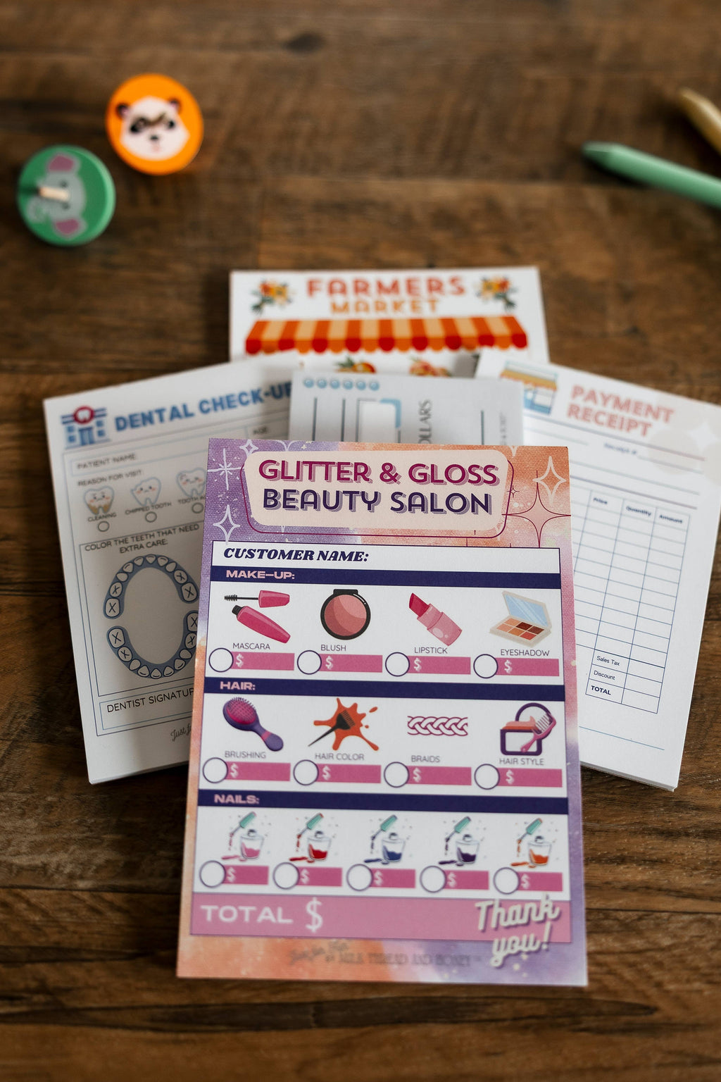 Dentist, Shop Owner, Farmer's Market, Beauty Salon - Set of 5 Pretend Play Notepads