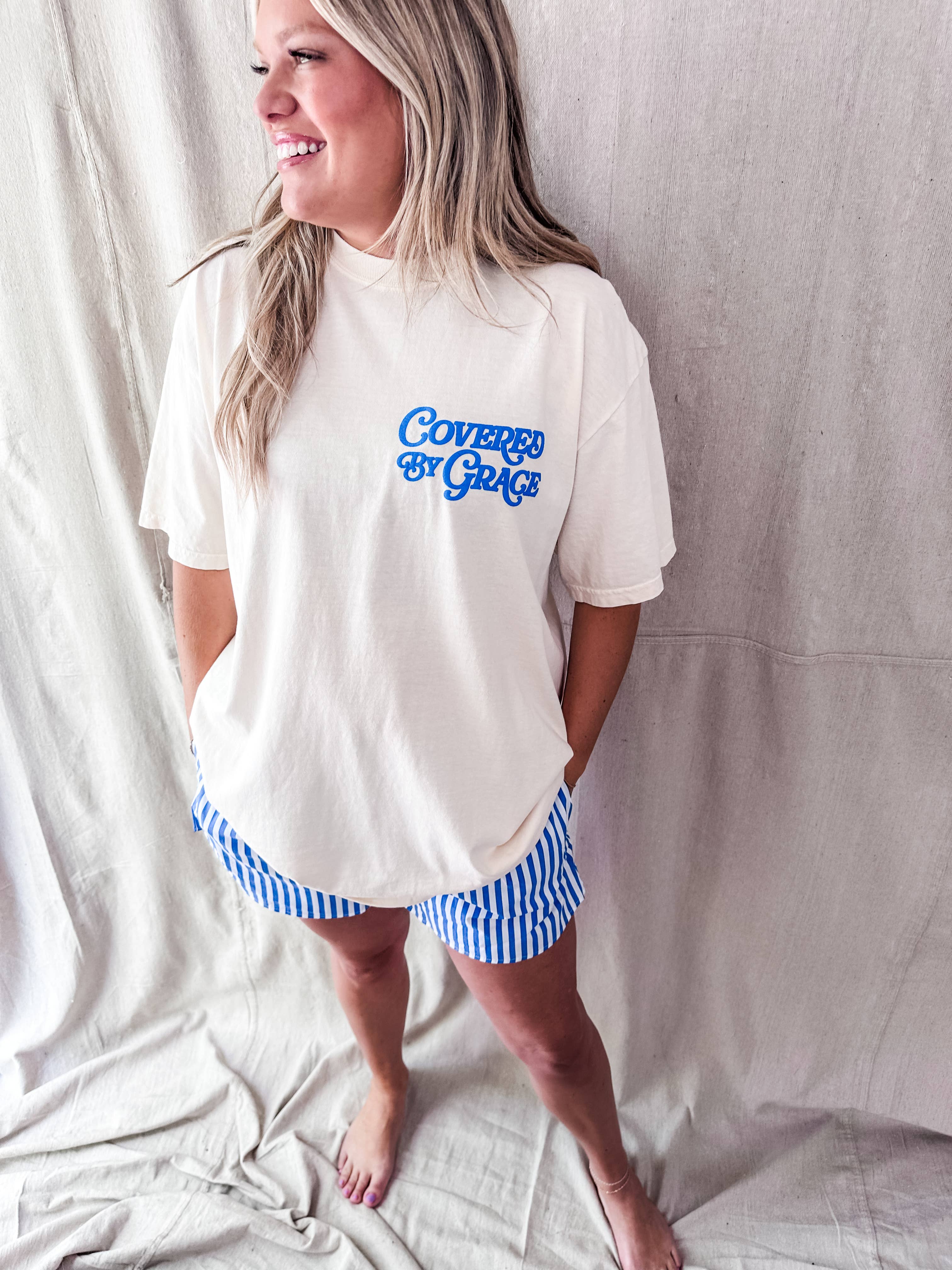 Covered By Grace blue puff- Ivory Tee: 2XL