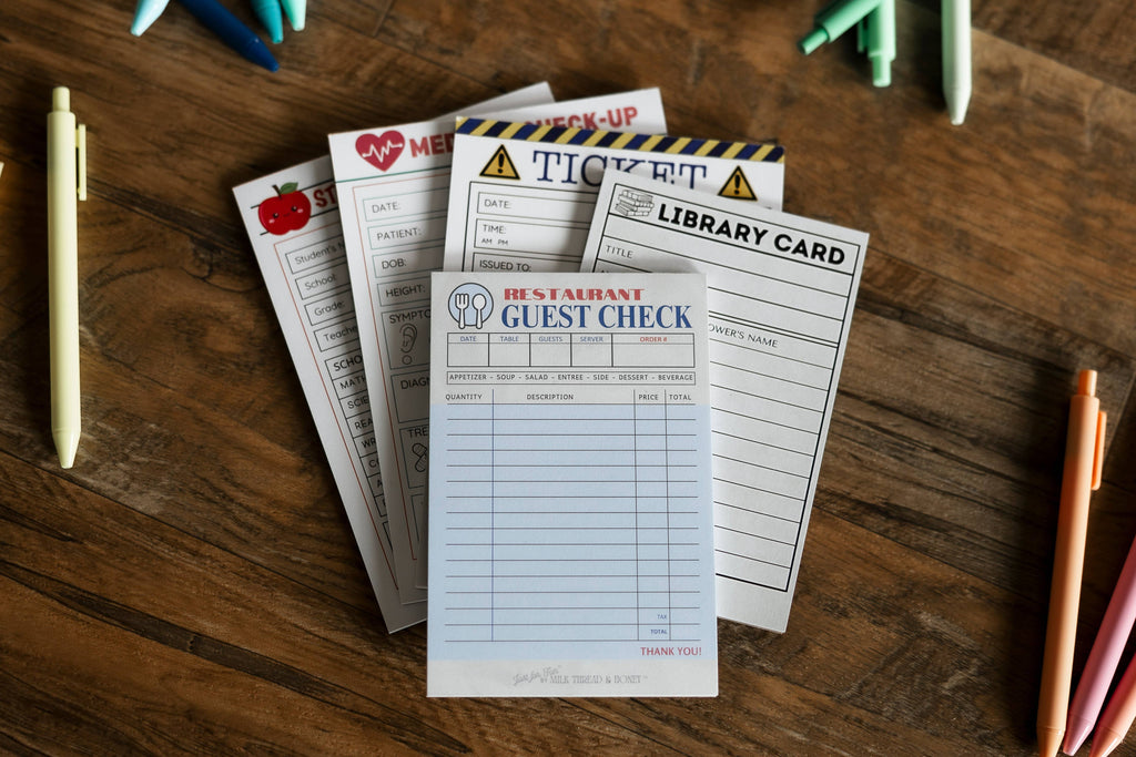 Doctor, Restaurant, Librarian, Police Officer and Teacher - Set of 5 Pretend Play Notepads