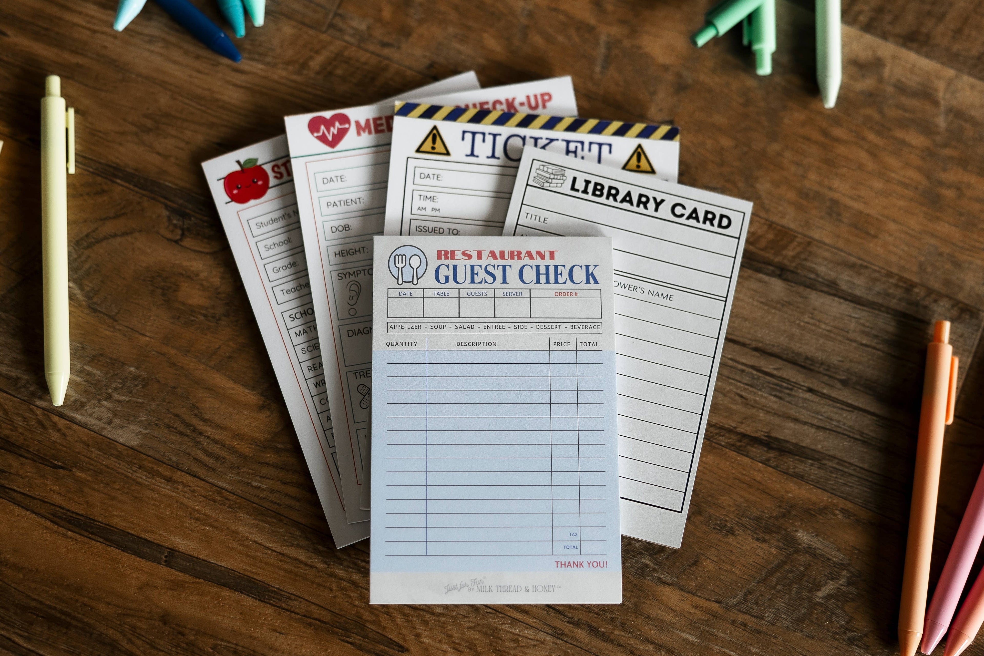 Doctor, Restaurant, Librarian, Police Officer and Teacher - Set of 5 Pretend Play Notepads