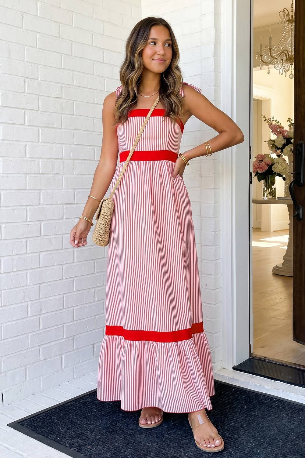 LAS Stripe Bow Knot Straps Ruffle Hem Maxi Dress (S-XL)