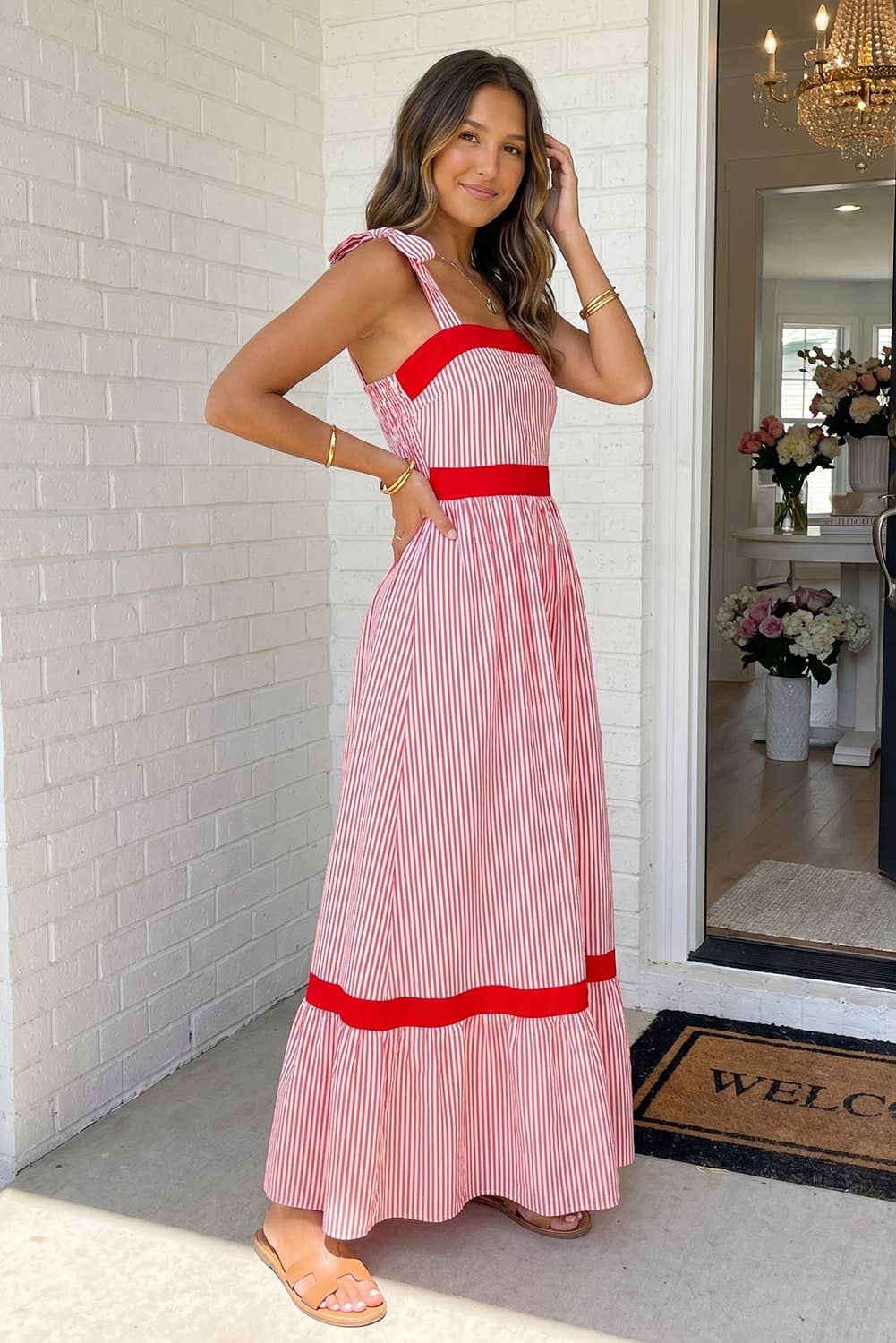 LAS Stripe Bow Knot Straps Ruffle Hem Maxi Dress (S-XL)