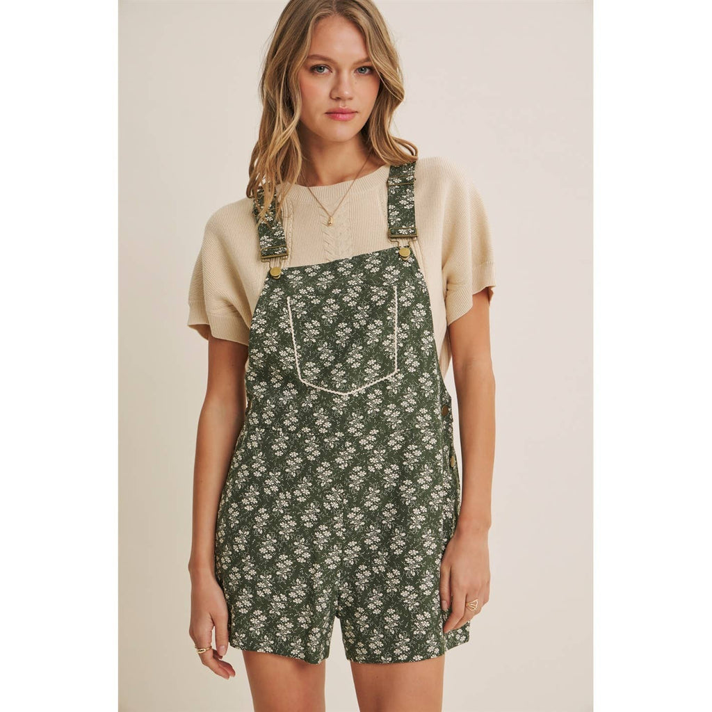 MEADOW BLOOM FLORAL SHORT OVERALL WITH LACE TRIM BIB POCKET