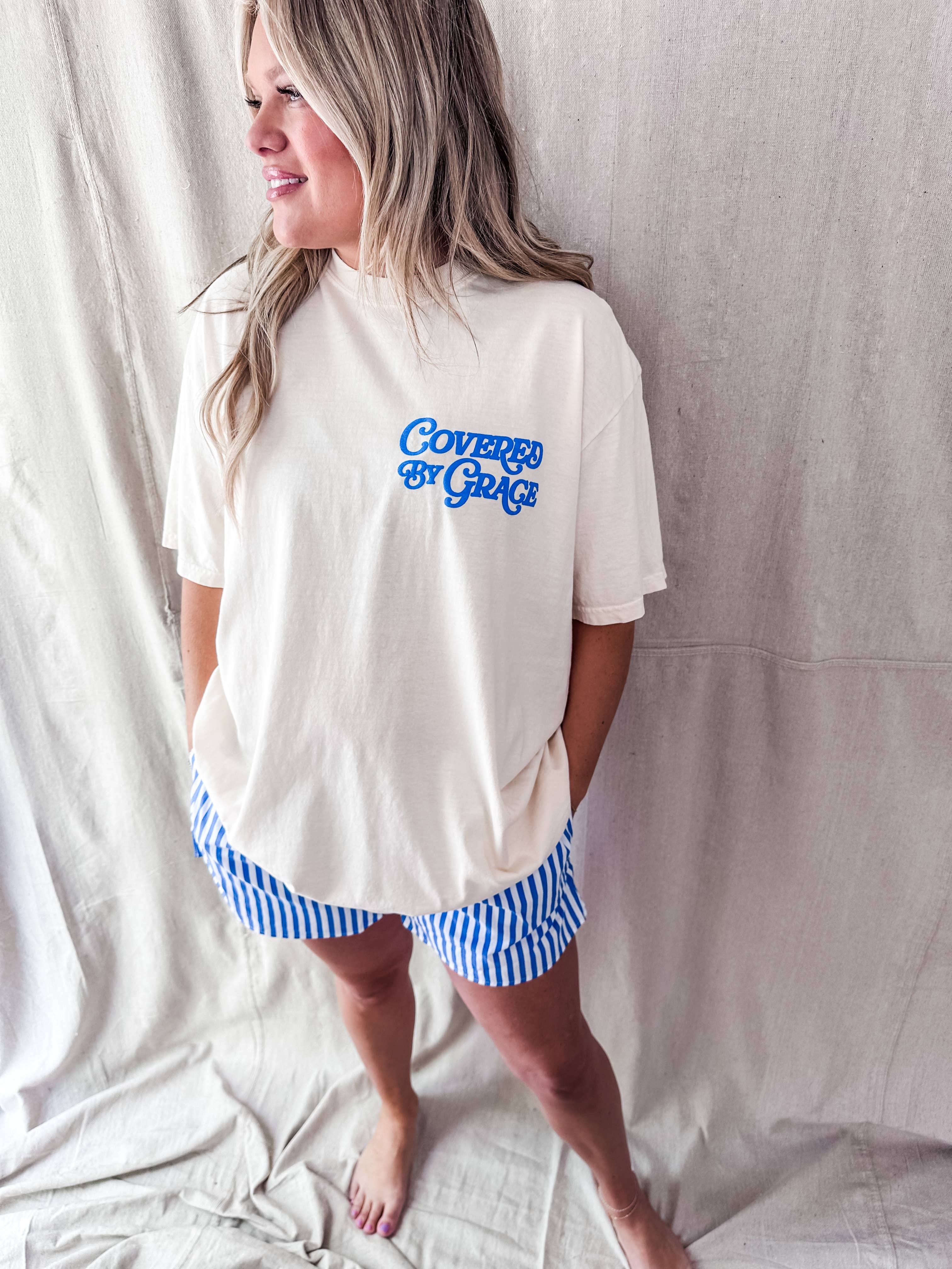 Covered By Grace blue puff- Ivory Tee: L