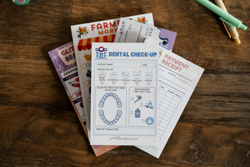 Dentist, Shop Owner, Farmer's Market, Beauty Salon - Set of 5 Pretend Play Notepads