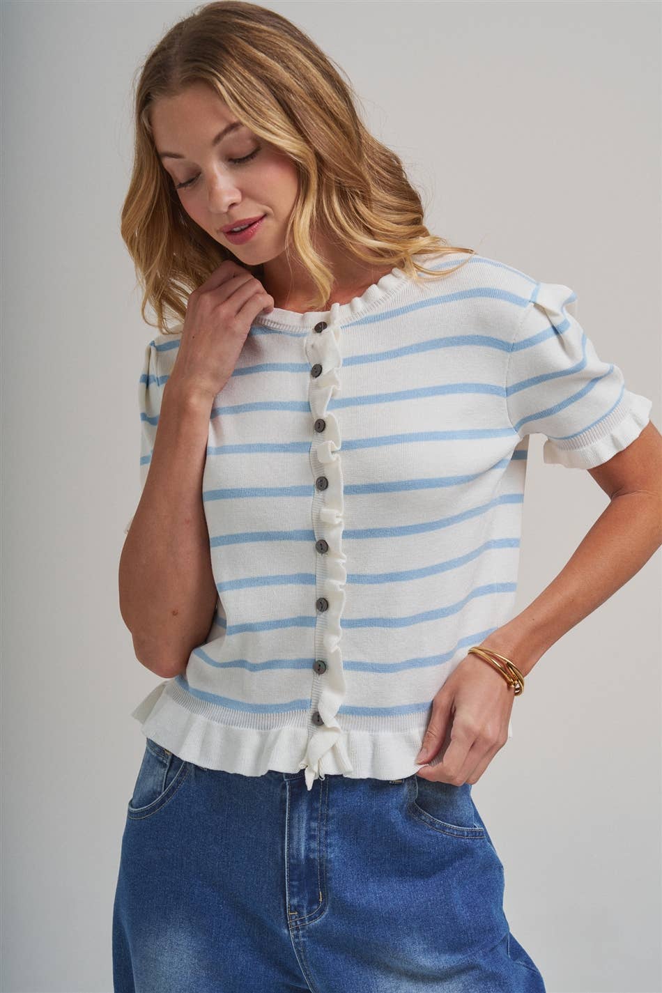 STRIPE KNITTED SWEATER BUTTON DOWN CARDIGAN TOP_JLT00204-01