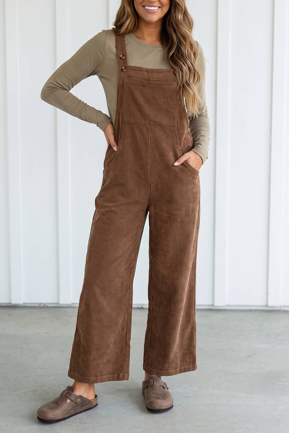 LAS Solid Corduroy Wide Leg Ribbed Pocket Overalls (S-XL)