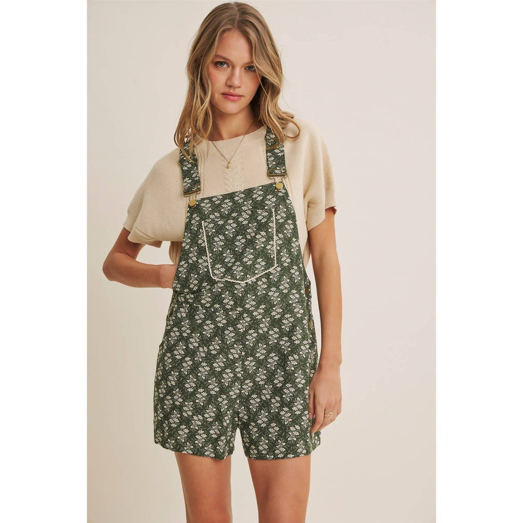 MEADOW BLOOM FLORAL SHORT OVERALL WITH LACE TRIM BIB POCKET