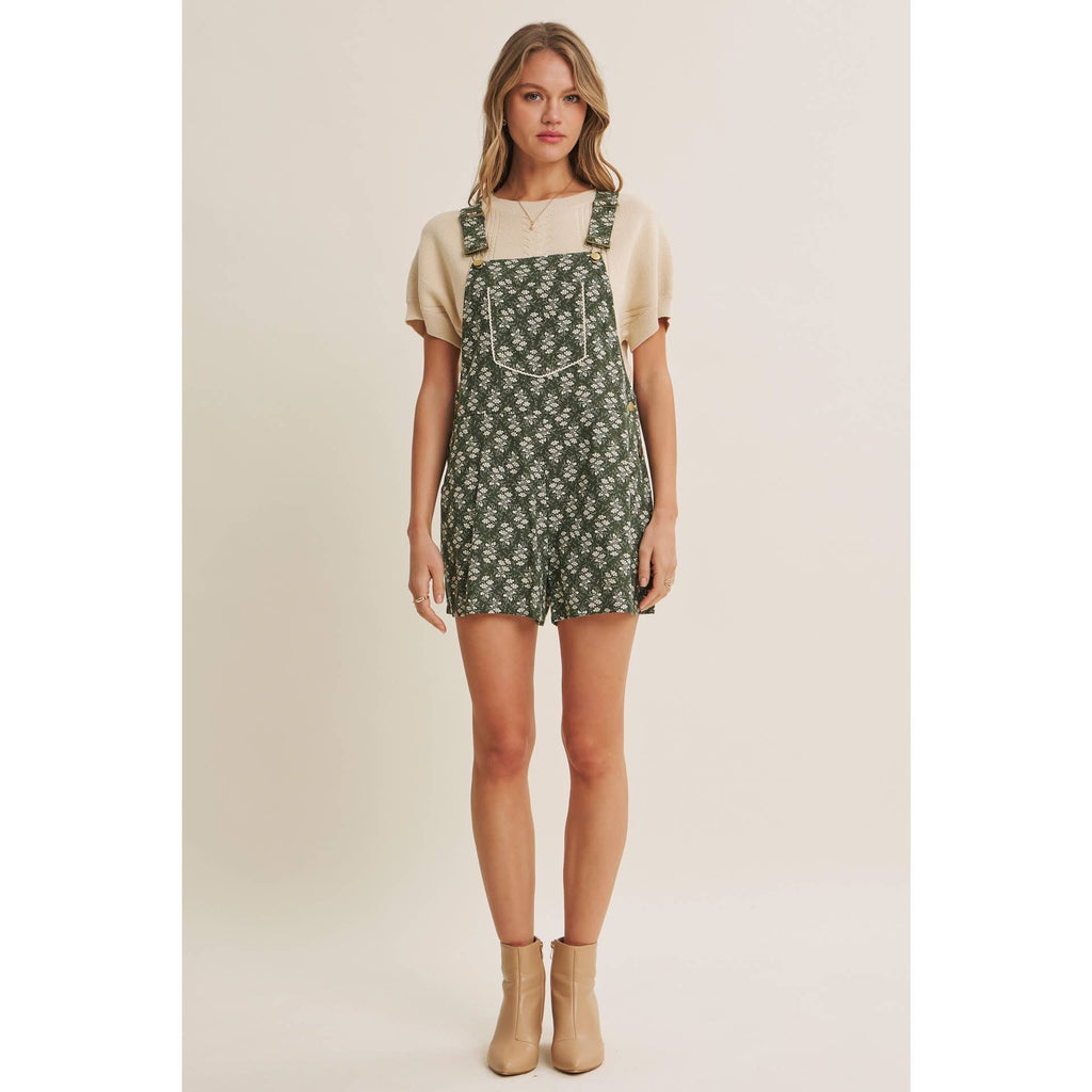MEADOW BLOOM FLORAL SHORT OVERALL WITH LACE TRIM BIB POCKET