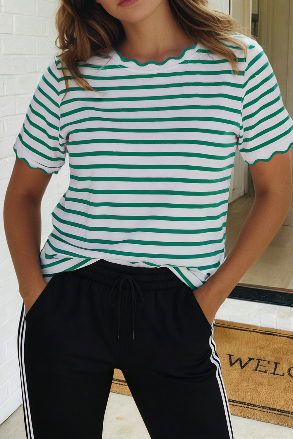 LAS Stripe Scalloped Trim Round Neck T Shirt (S-4X)