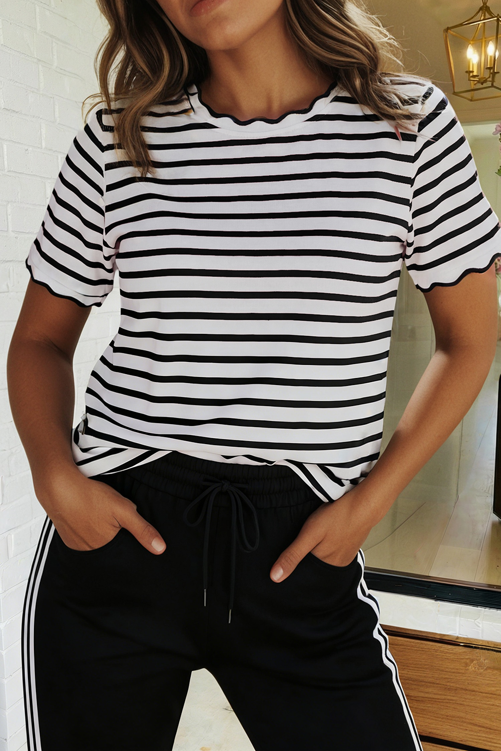 LAS Stripe Scalloped Trim Round Neck T Shirt (S-4X)
