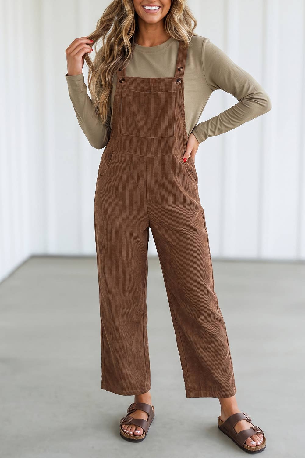 LAS Solid Corduroy Wide Leg Ribbed Pocket Overalls (S-XL)