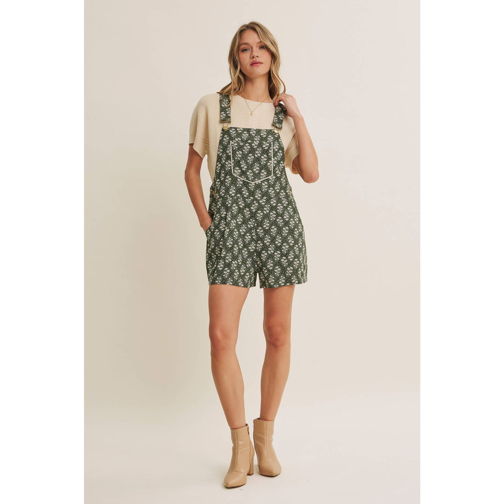 MEADOW BLOOM FLORAL SHORT OVERALL WITH LACE TRIM BIB POCKET
