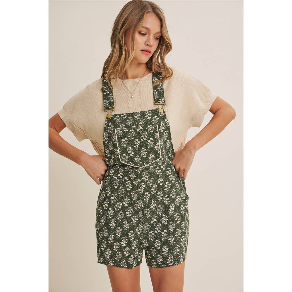 MEADOW BLOOM FLORAL SHORT OVERALL WITH LACE TRIM BIB POCKET