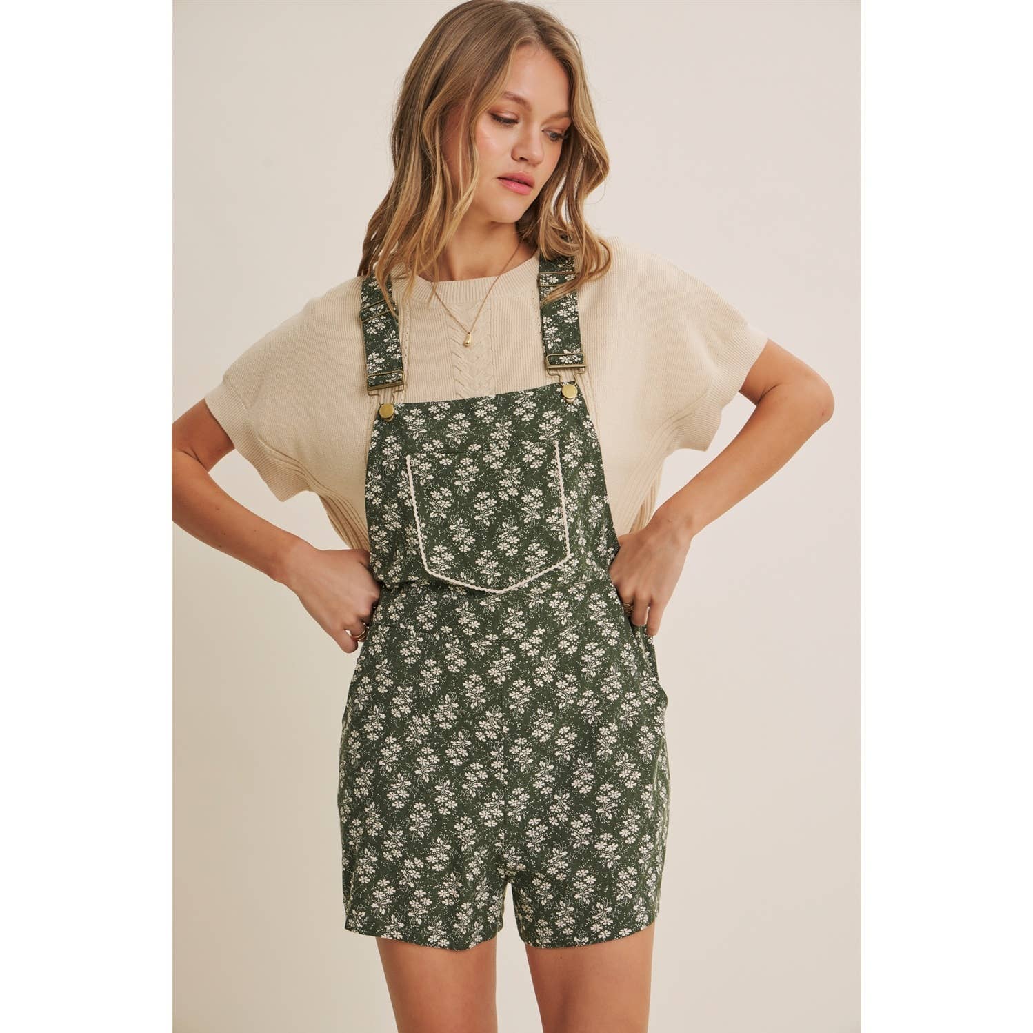 MEADOW BLOOM FLORAL SHORT OVERALL WITH LACE TRIM BIB POCKET