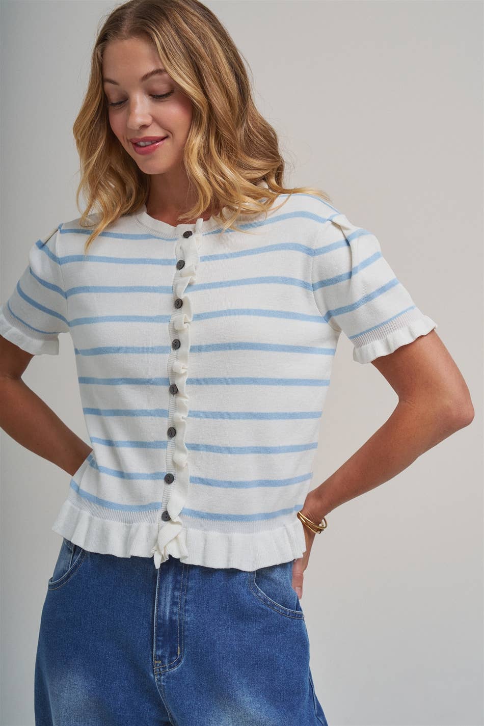 STRIPE KNITTED SWEATER BUTTON DOWN CARDIGAN TOP_JLT00204-01