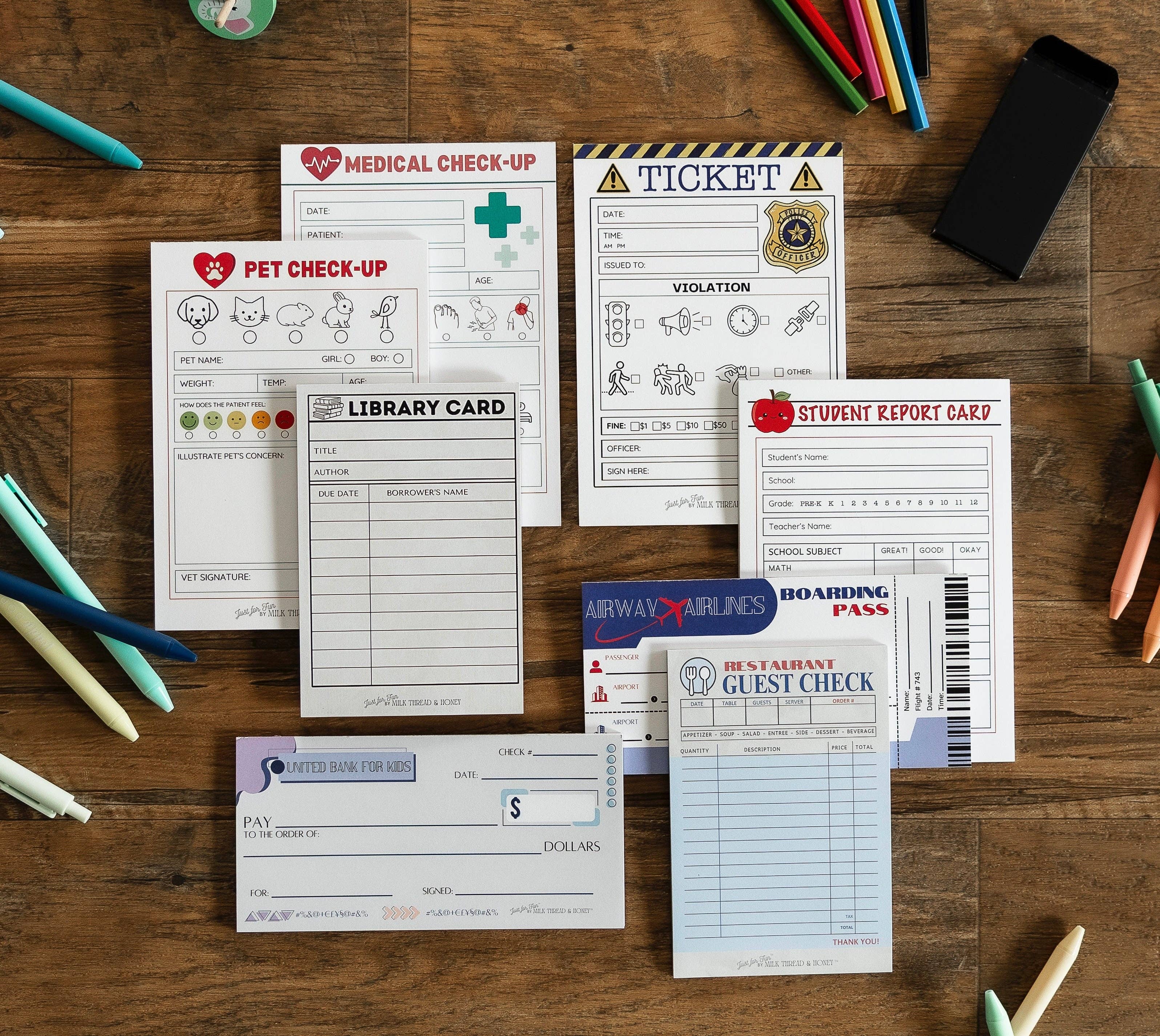 Doctor, Vet, Restaurant, Boarding Pass and Checks - Set of 8 Pretend Play Notepads