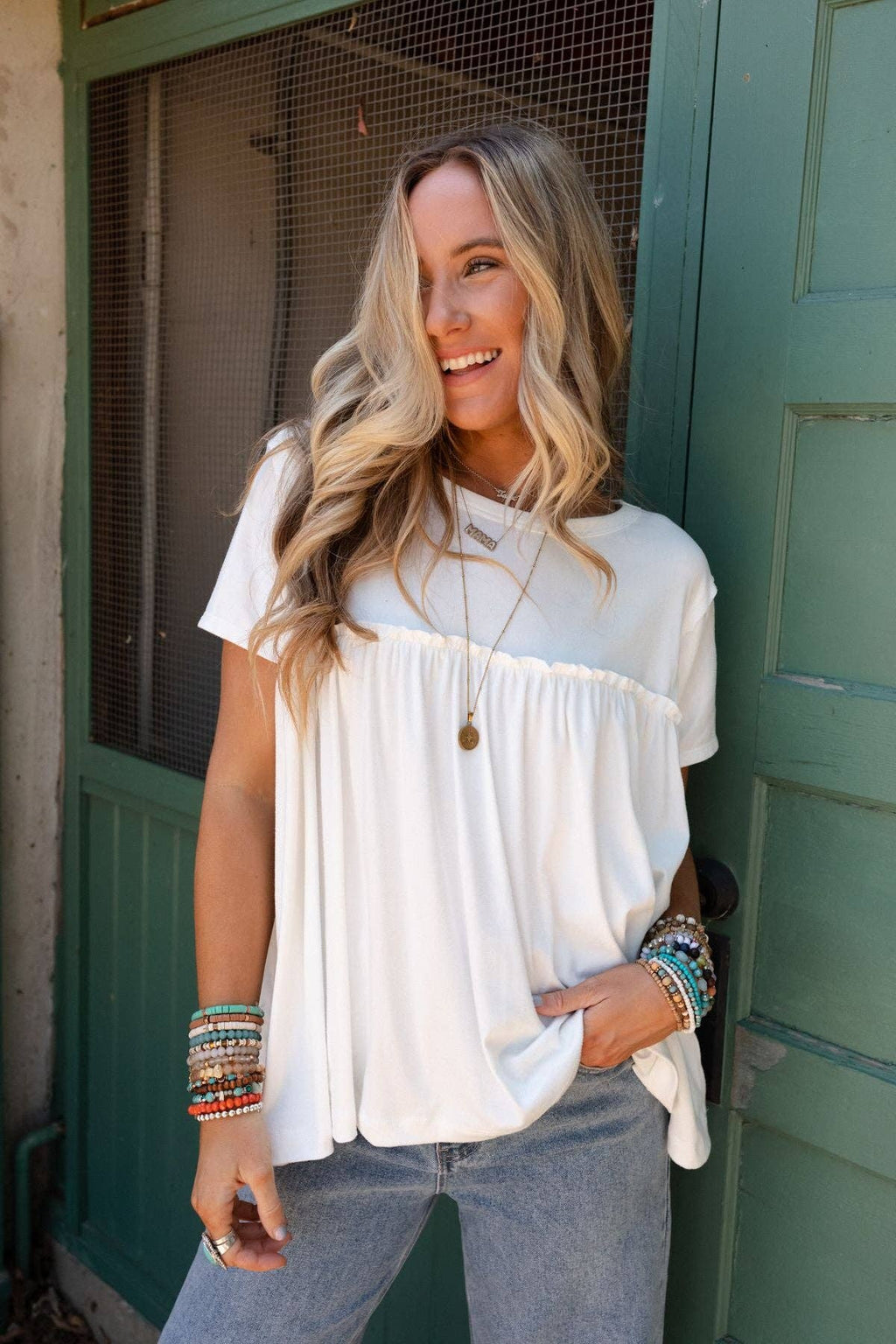 Sunday Morning Babydoll Top - White: M