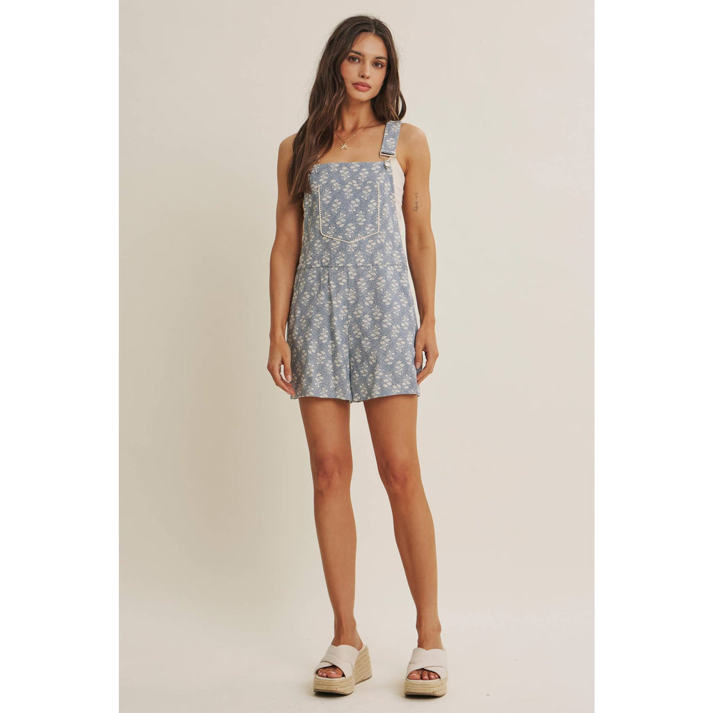 MEADOW BLOOM FLORAL SHORT OVERALL WITH LACE TRIM BIB POCKET
