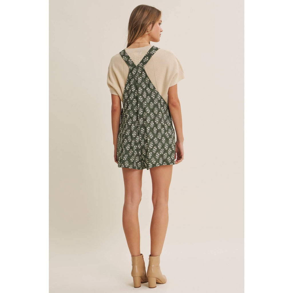 MEADOW BLOOM FLORAL SHORT OVERALL WITH LACE TRIM BIB POCKET