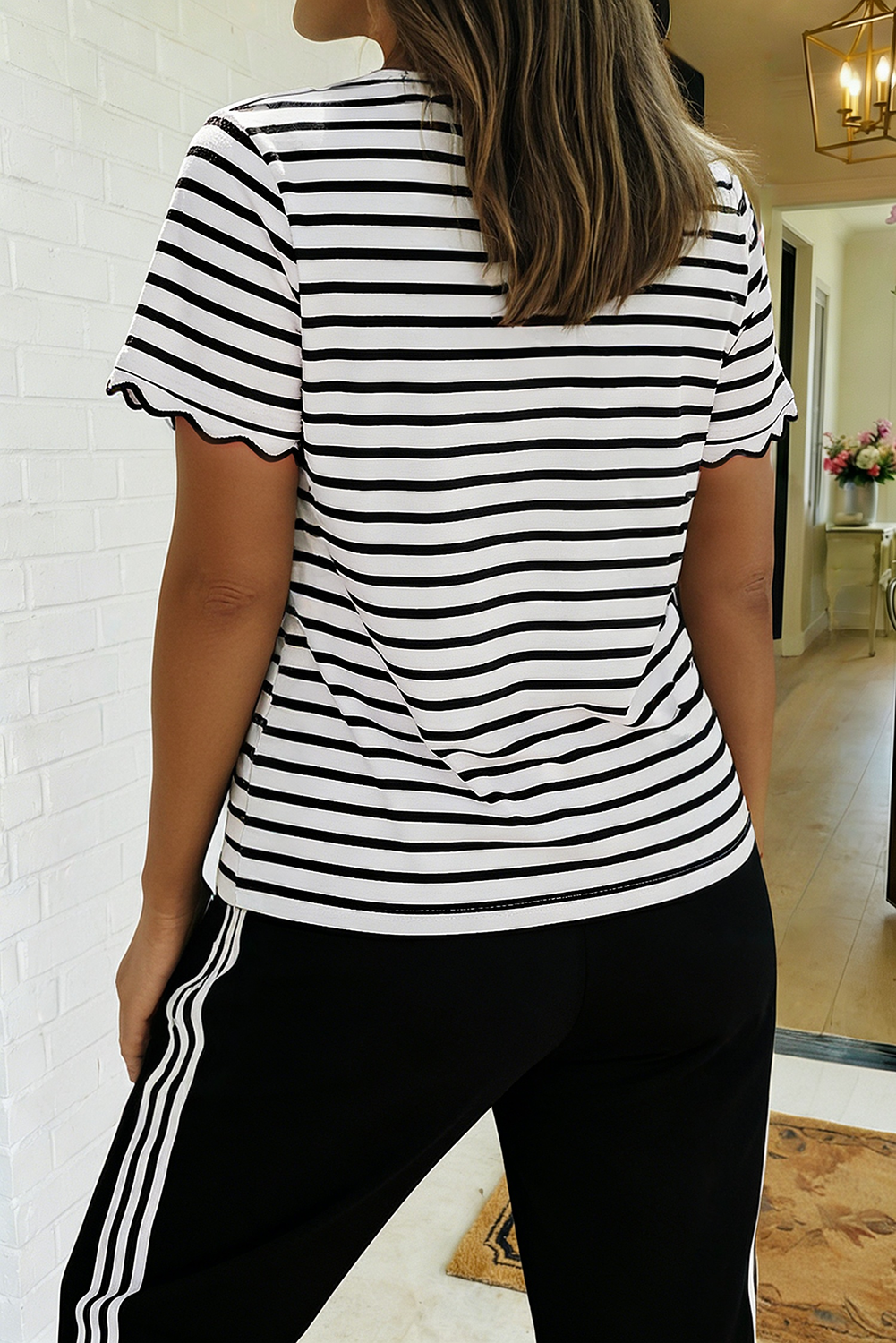 LAS Stripe Scalloped Trim Round Neck T Shirt (S-4X)