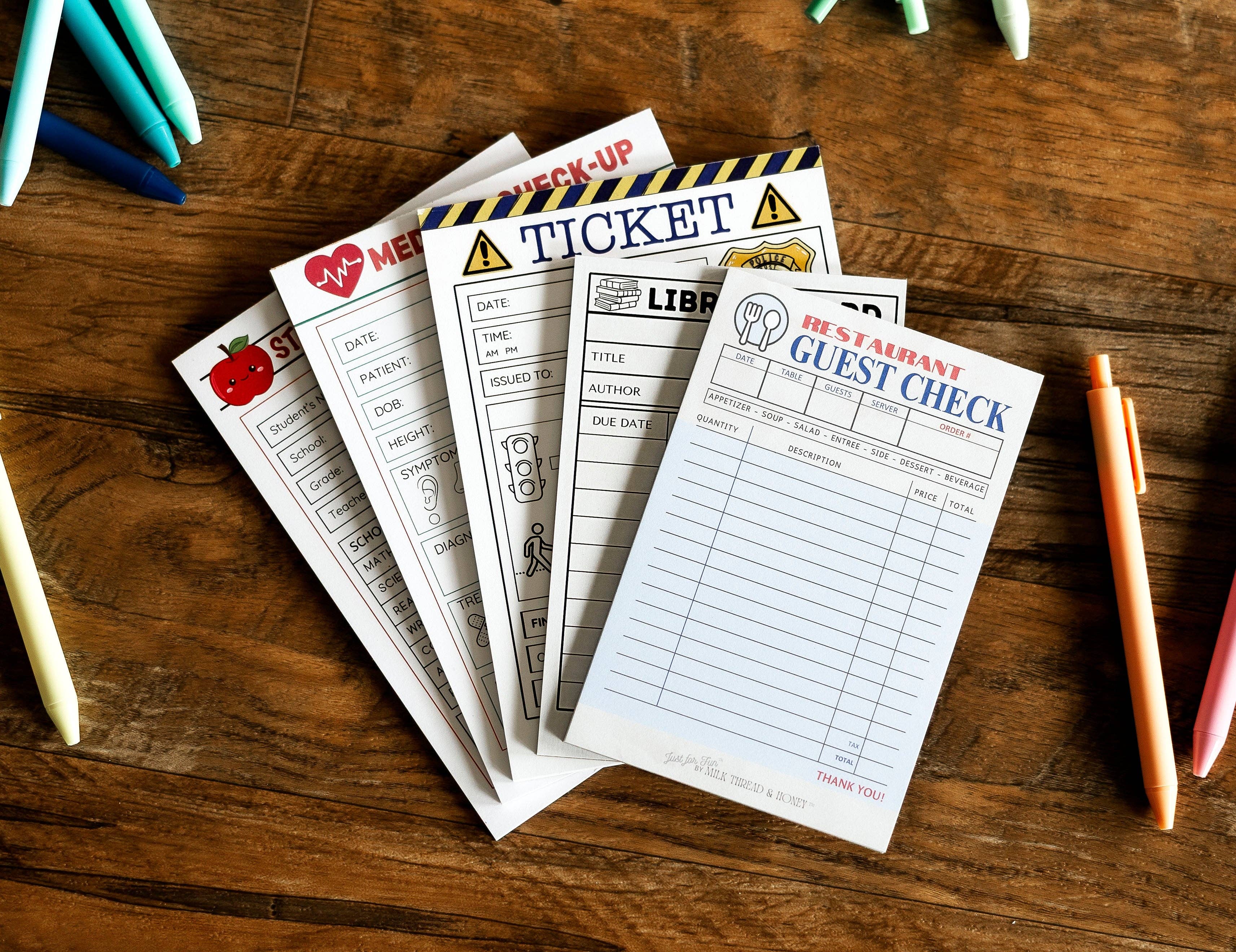 Doctor, Vet, Restaurant, Boarding Pass and Checks - Set of 8 Pretend Play Notepads