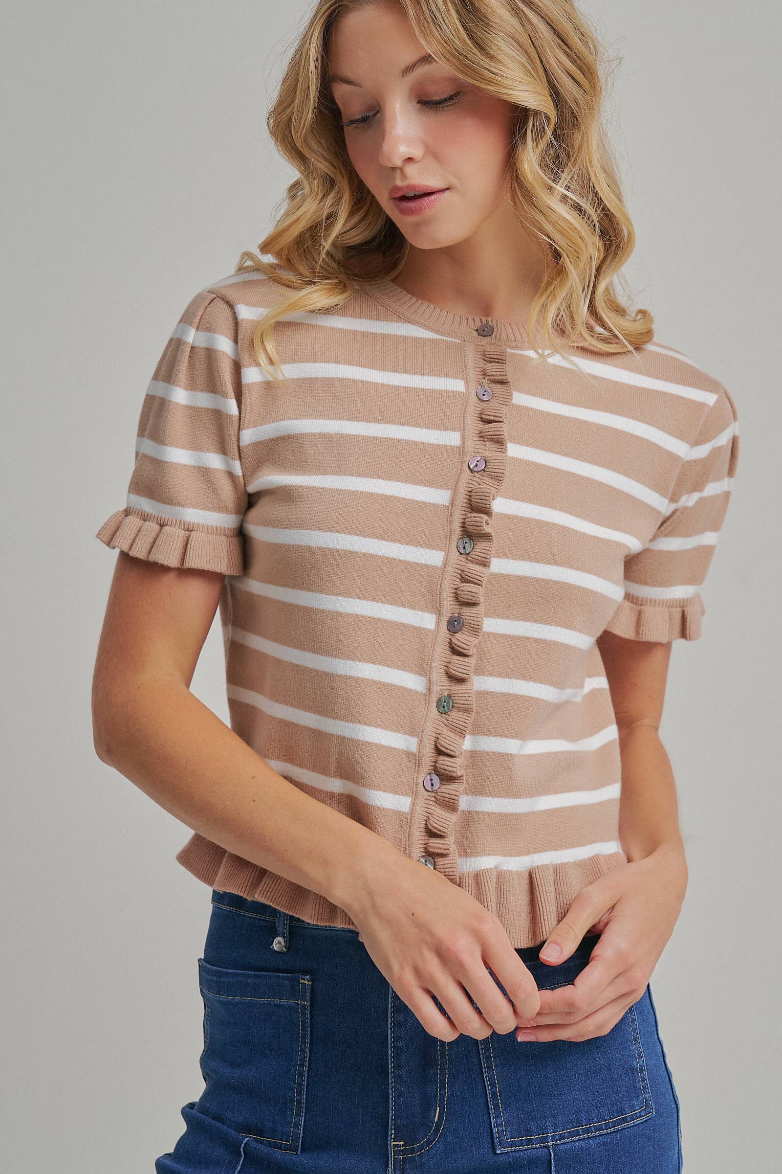 STRIPE KNITTED SWEATER BUTTON DOWN CARDIGAN TOP_JLT00204-01