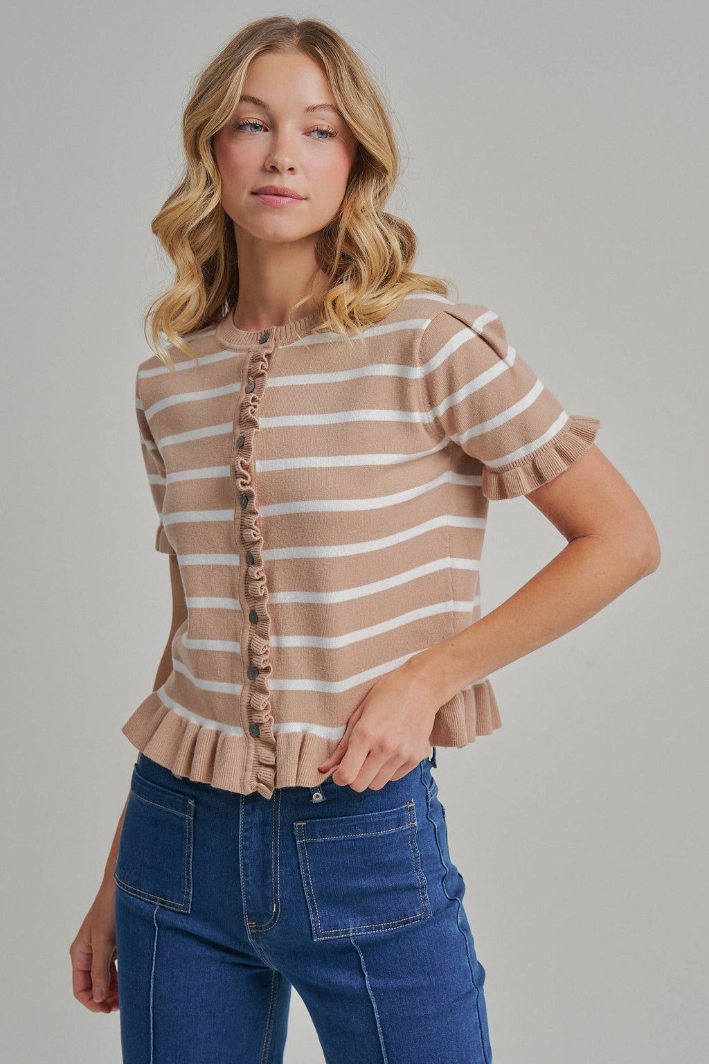 STRIPE KNITTED SWEATER BUTTON DOWN CARDIGAN TOP_JLT00204-01