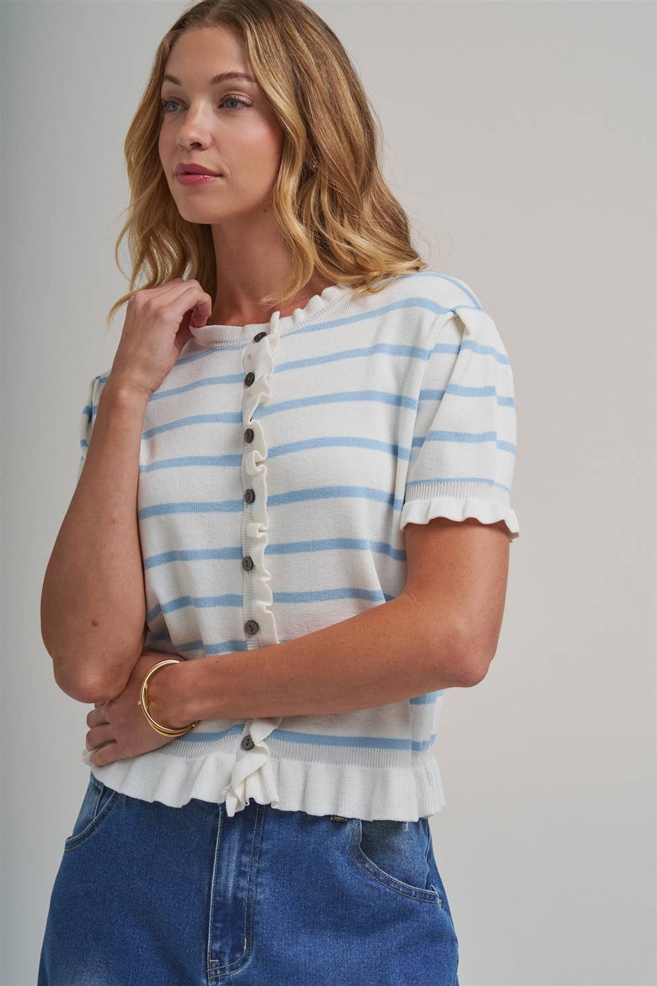 STRIPE KNITTED SWEATER BUTTON DOWN CARDIGAN TOP_JLT00204-01