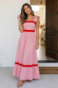 LAS Stripe Bow Knot Straps Ruffle Hem Maxi Dress (S-XL)
