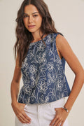 COASTAL DAY CHAMBRAY EMBROIDERED BLOUSE WITH BACK BOW: DENIM BLUE / L