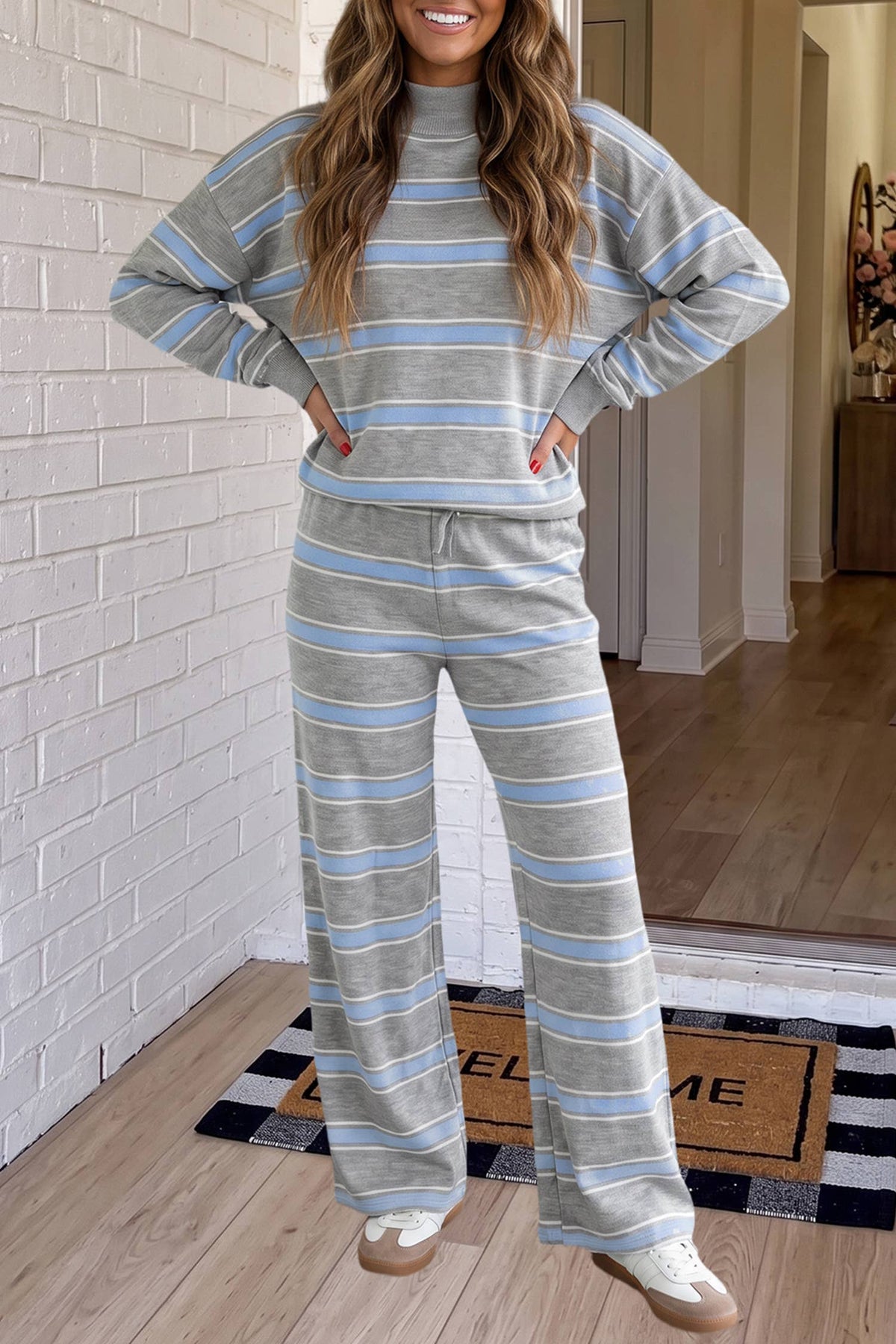 LAS Striped Mock Neck Casual Pants Set (S-XL)