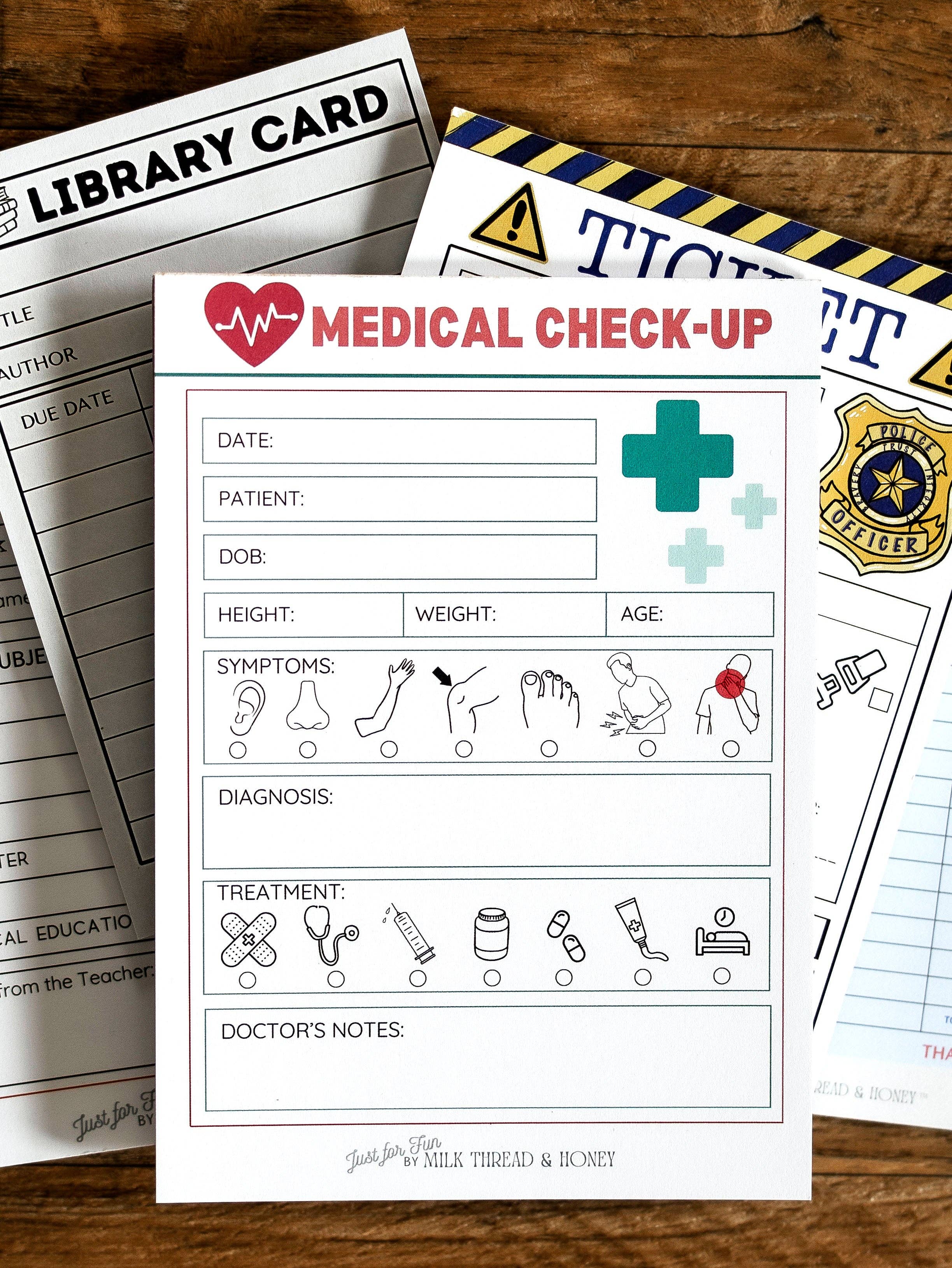 Doctor, Vet, Restaurant, Boarding Pass and Checks - Set of 8 Pretend Play Notepads