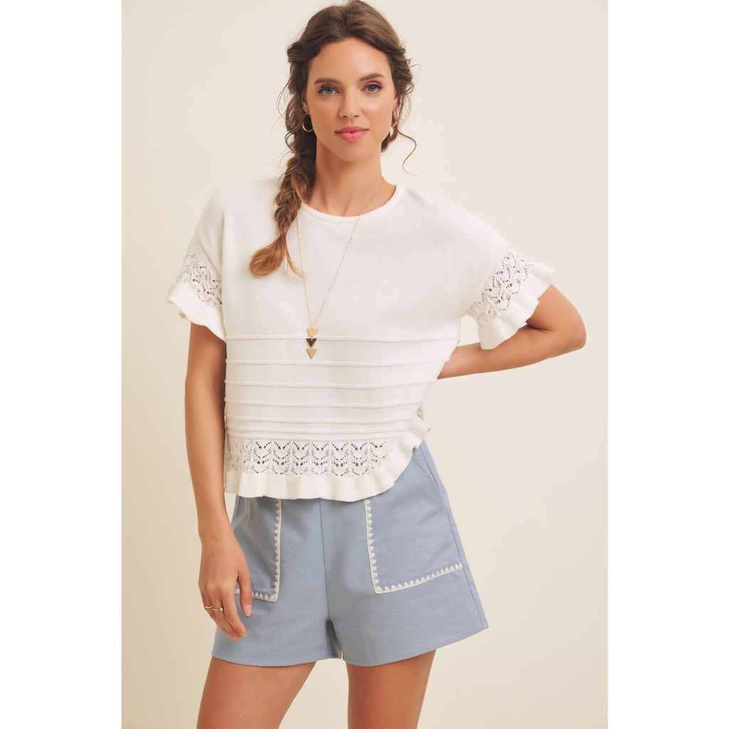 STITCHED SERENITY LINEN-BLEND EMBROIDERED SHORTS: NATURAL/BLACK / M