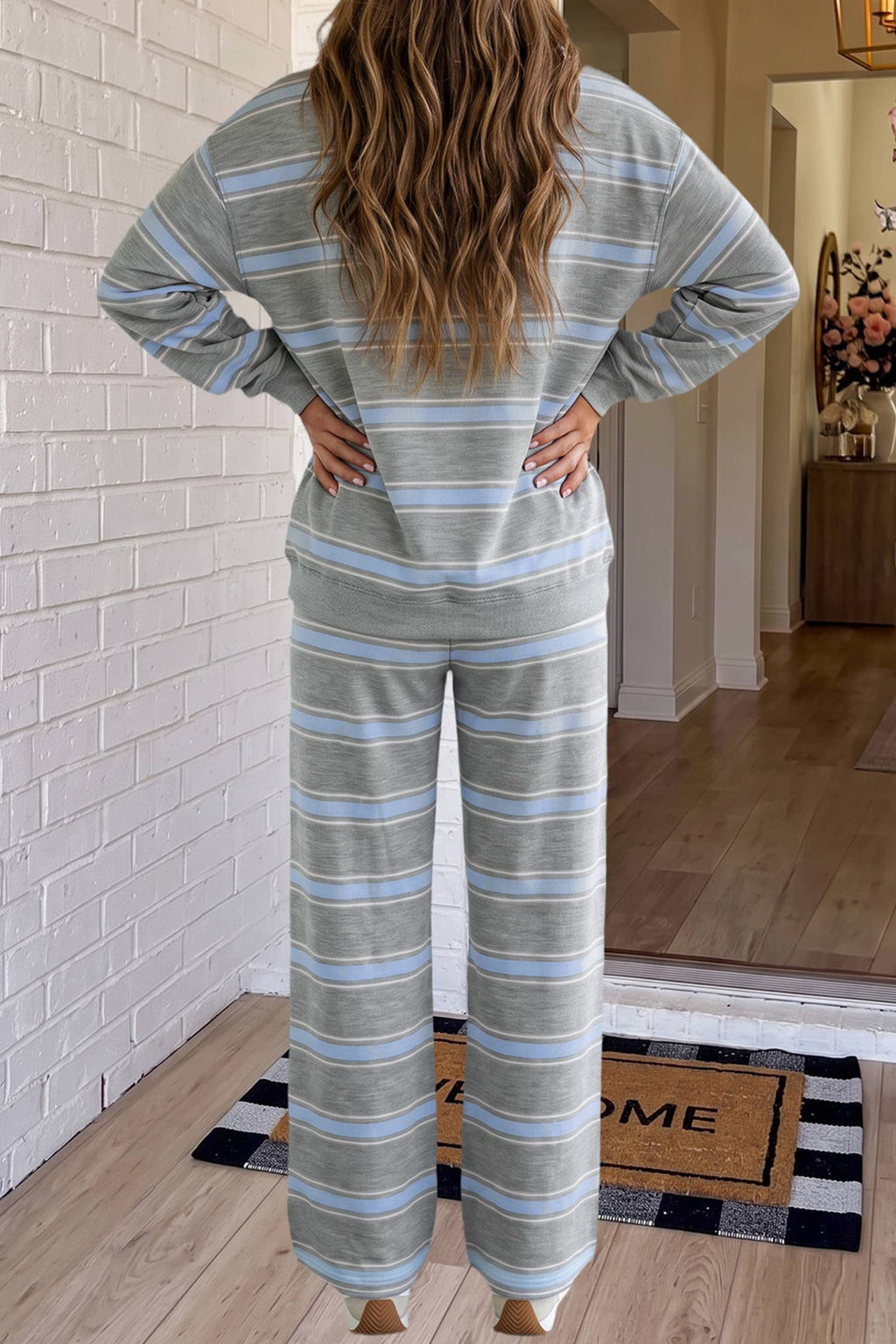 LAS Striped Mock Neck Casual Pants Set (S-XL)