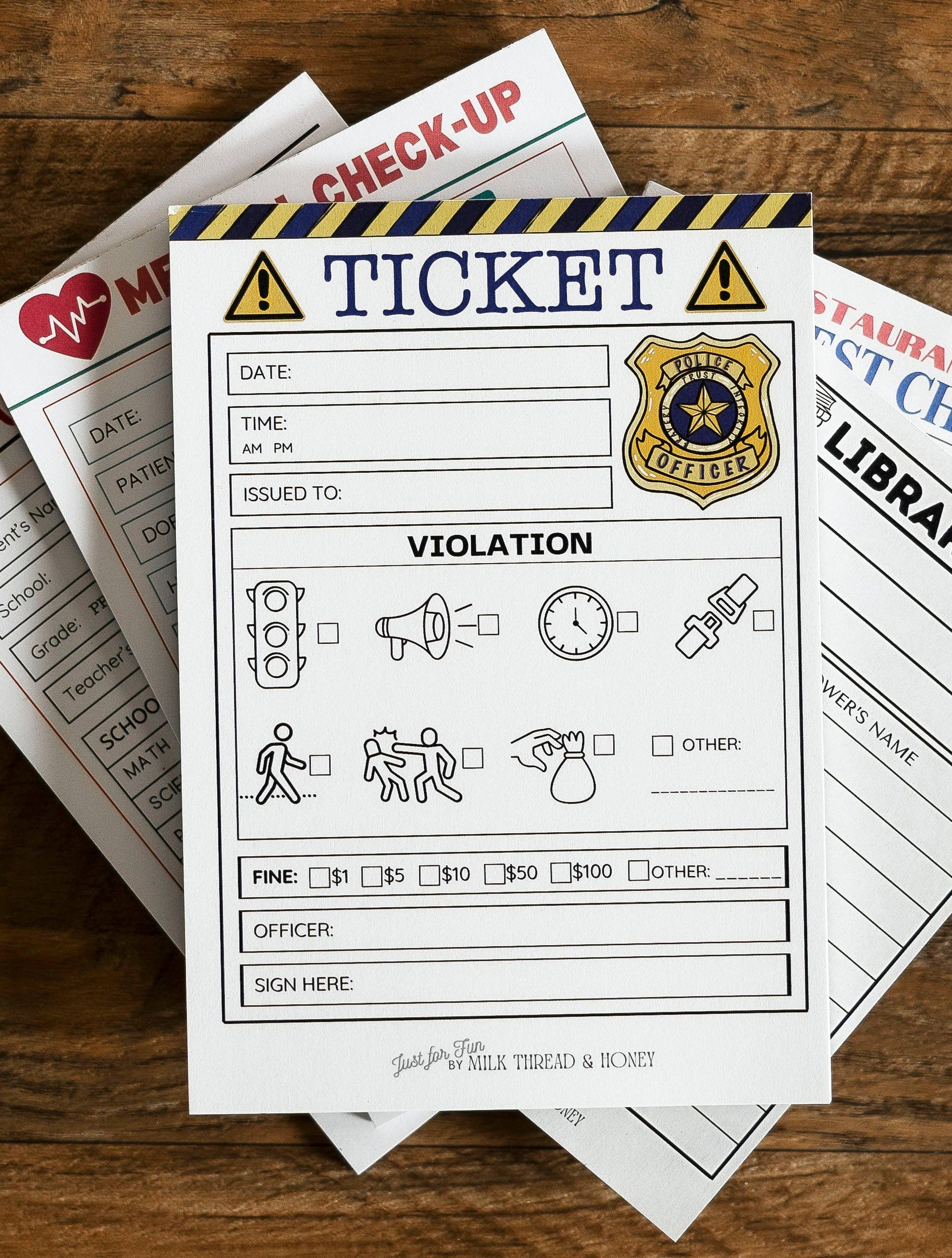 Doctor, Restaurant, Librarian, Police Officer and Teacher - Set of 5 Pretend Play Notepads